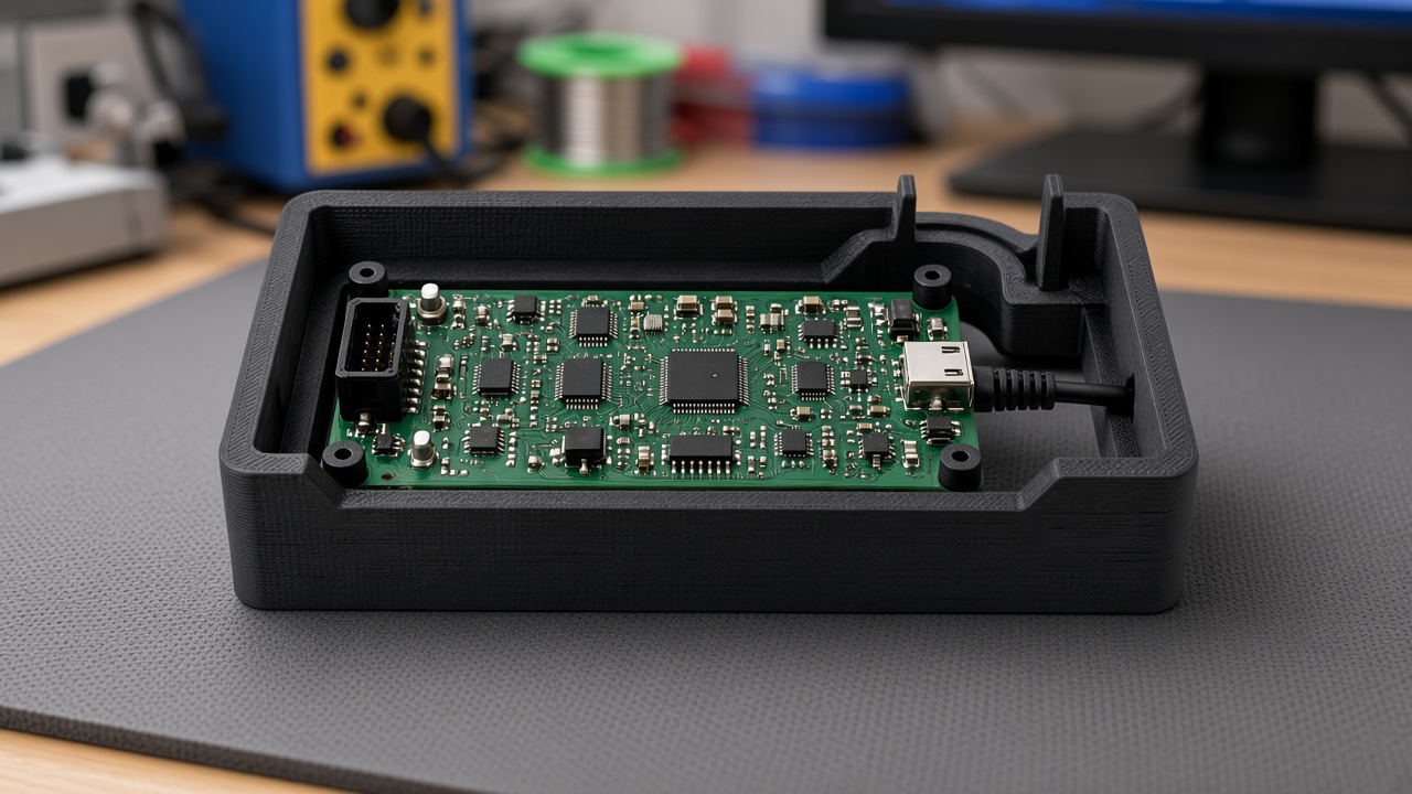 Circuit board in a 3D printed assembly jig