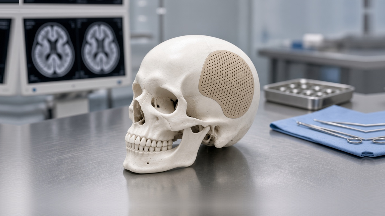 Printed skull with a PEEK cranial plate