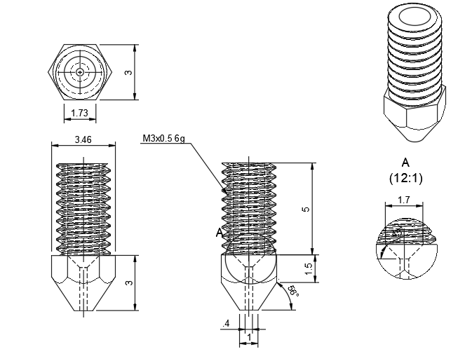 Technical drawing of a 3D printer nozzle